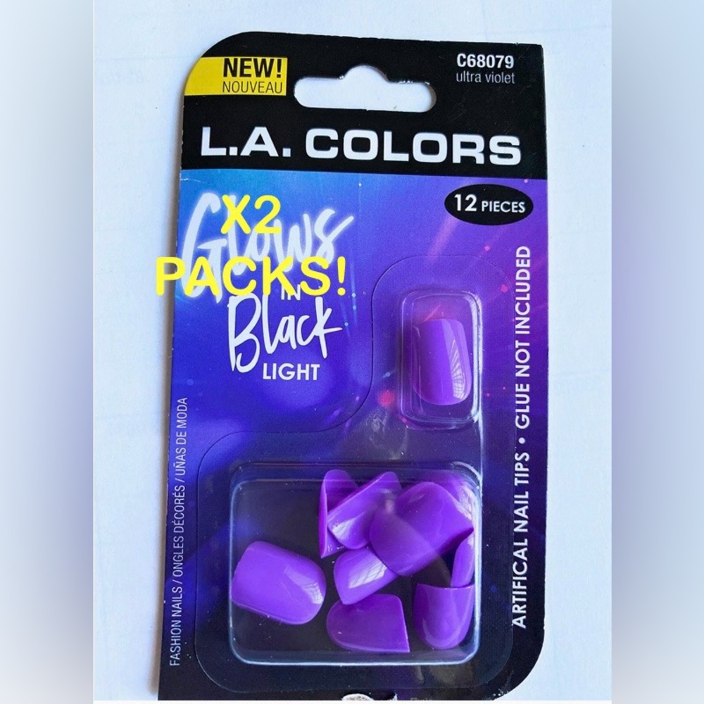 2 Packs NWT L.A. Colors Princess Almond Glows In Black Light Purple Blue Nails